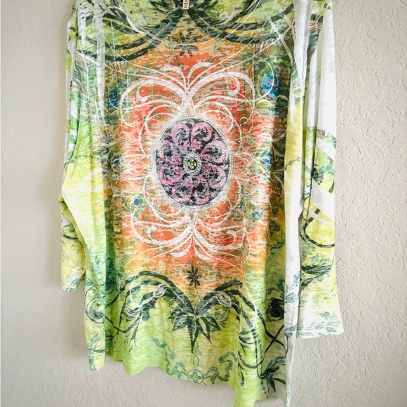 Reba Woman Plus Green Orange Boho Tie Dye Embellished Jeweled Tee Size 3X - Picture 4 of 8